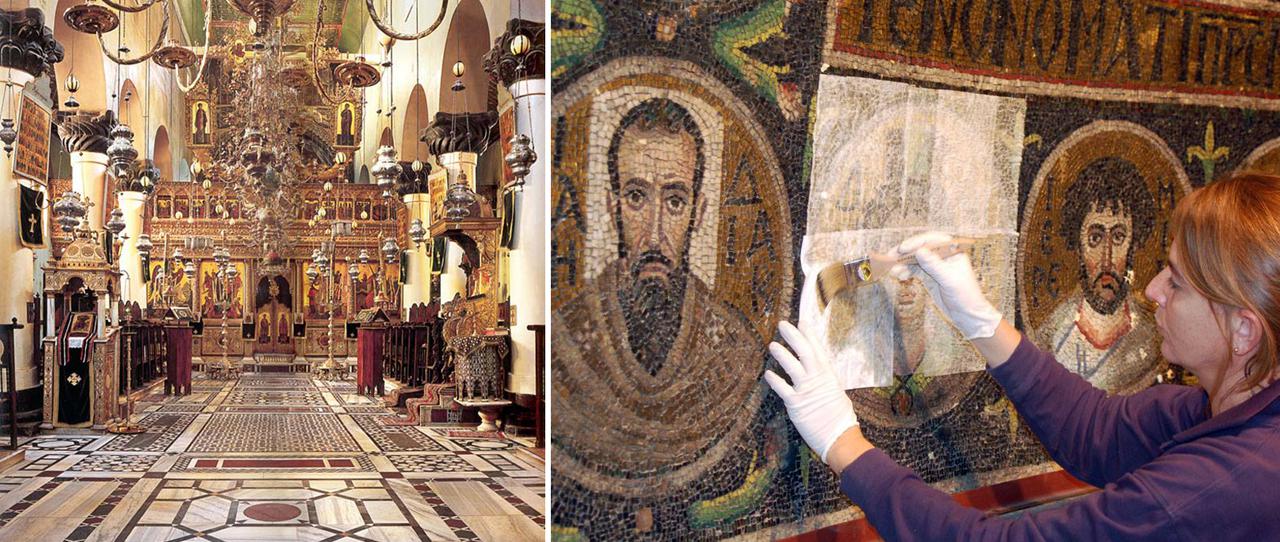 左：聖凱薩琳修道院教堂；右：清潔保存院內珍貴馬賽克壁畫。（照片來源：Friends of Mount Sinai Monastery FB）
