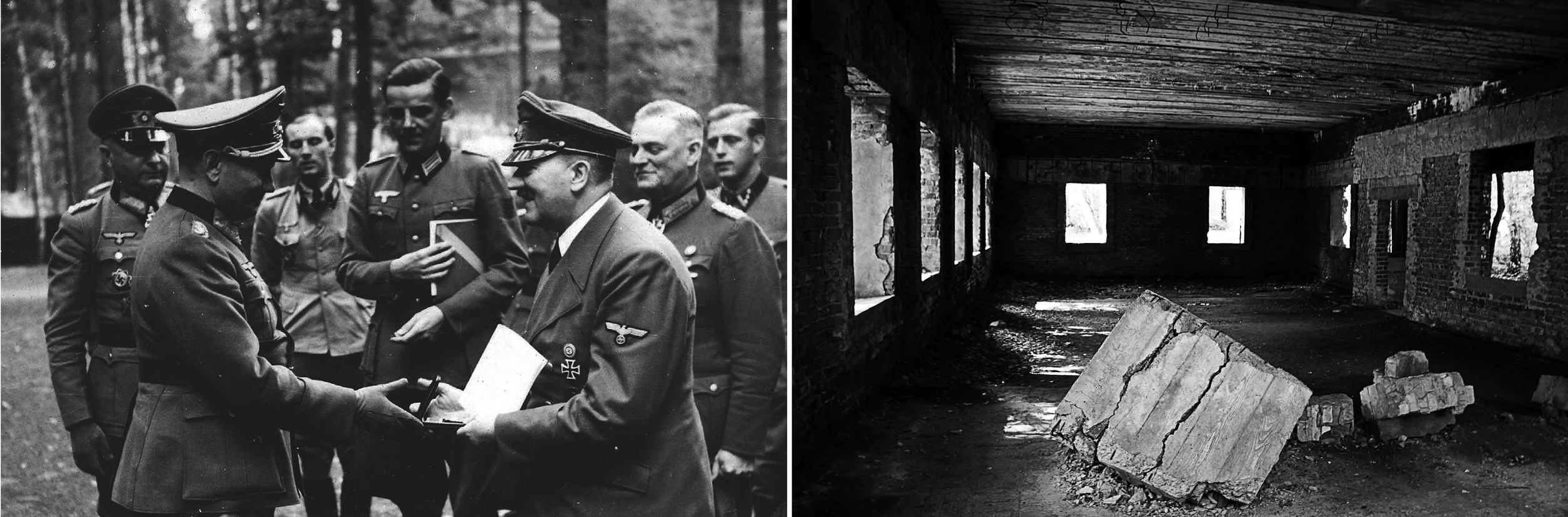 左圖：希特勒（前排右）在狼穴接見部屬（來源：ww2gallery）。右圖：狼穴廢棄屋舍，惡人的帳棚歸於無有。（來源：Adam Mirowski/flickr/cc）
