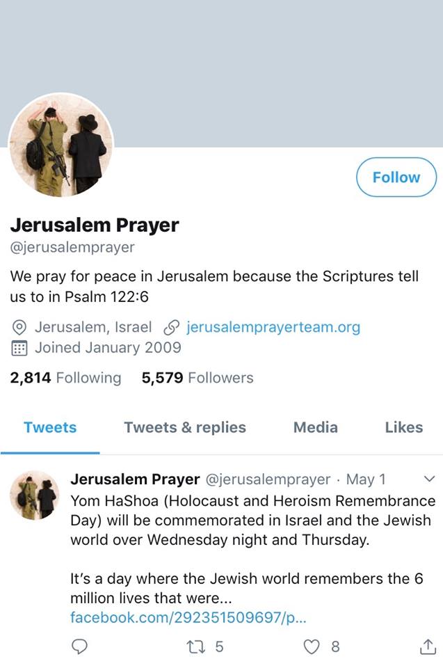 耶路撒冷禱告隊推特粉專（照片來源：Twitter截圖）