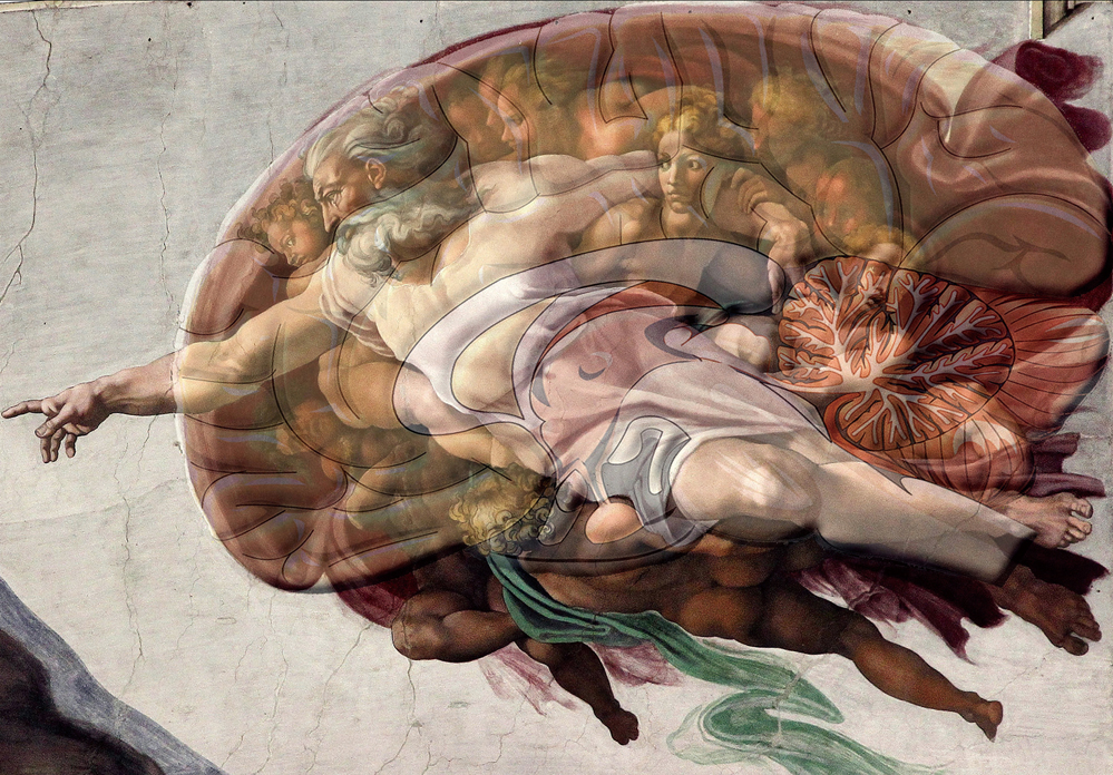 圖八：上帝身後圍繞著十一位天使和勾著上帝手臂的夏娃