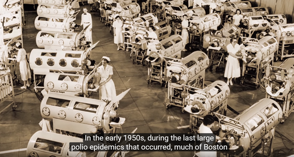 1950年代因小兒麻痺症而生活在鐵肺中的兒童。（圖片來源:OP@youtube影片截圖）