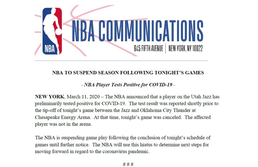 NBA在官方推特宣佈無限期停賽[截圖自NBA推特]