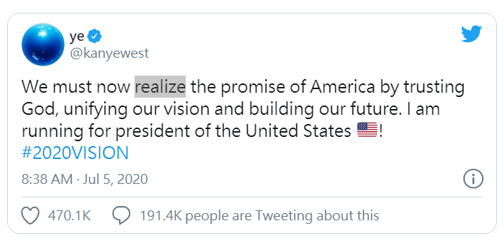 威斯特宣布參選美國總統。（圖／twitter）