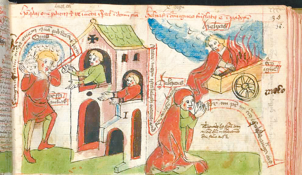 圖4. The Good Shepherd (left) & Elijah Taken Up in a Chariot of Fire(right); illumination, Speculum humanae salvationis. Memento mori-Texte [u.a.] ..."; ca. 1440 – 1466; Bayerische Staatsbiblithek, cgm 3974.