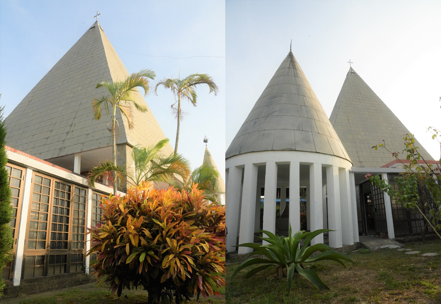 菁寮天主堂以一座大型沉穩樸質的金字塔造型尖頂，配搭三座銀色角錐形尖塔為其獨特之處。(謝宜汝攝影)