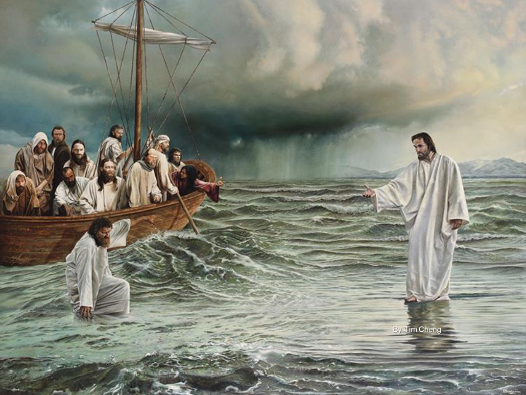 彼得在翻騰海面上走向耶穌。