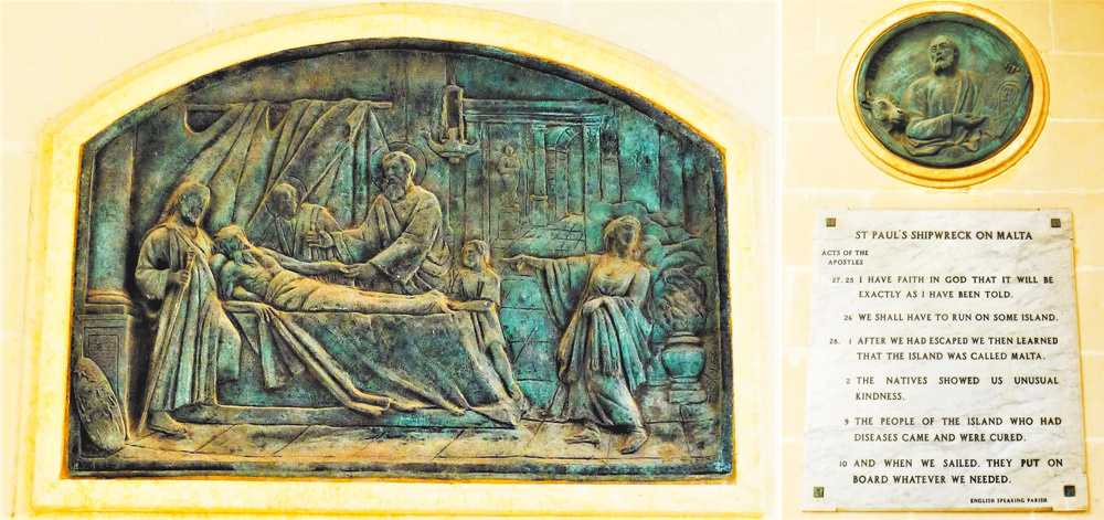 左圖：保羅船難紀念教堂青銅浮雕「醫治部百流之父」。右圖：船難紀念教堂事蹟經文示意。