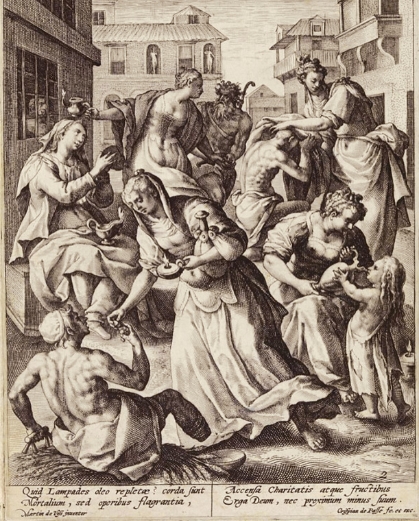 圖5. Crispijn van de Passe (I), after Maerten de Vos, The Five Wise Virgins Doing the Works of Mercy, 1589 – 1611; engraving, 221 x 171mm; Rijksmuseum, Amsterdam
