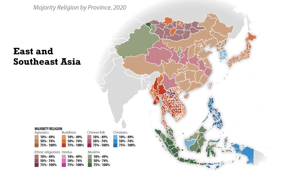 東亞和東南亞國家中各宗教人口的比例圖。