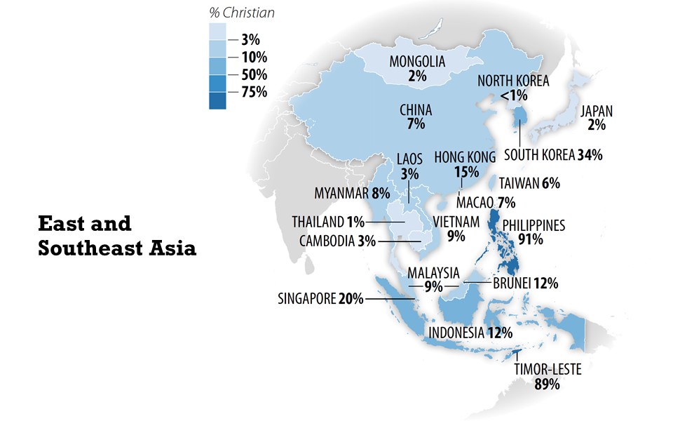 東亞和東南亞國家中基督徒的比例圖。