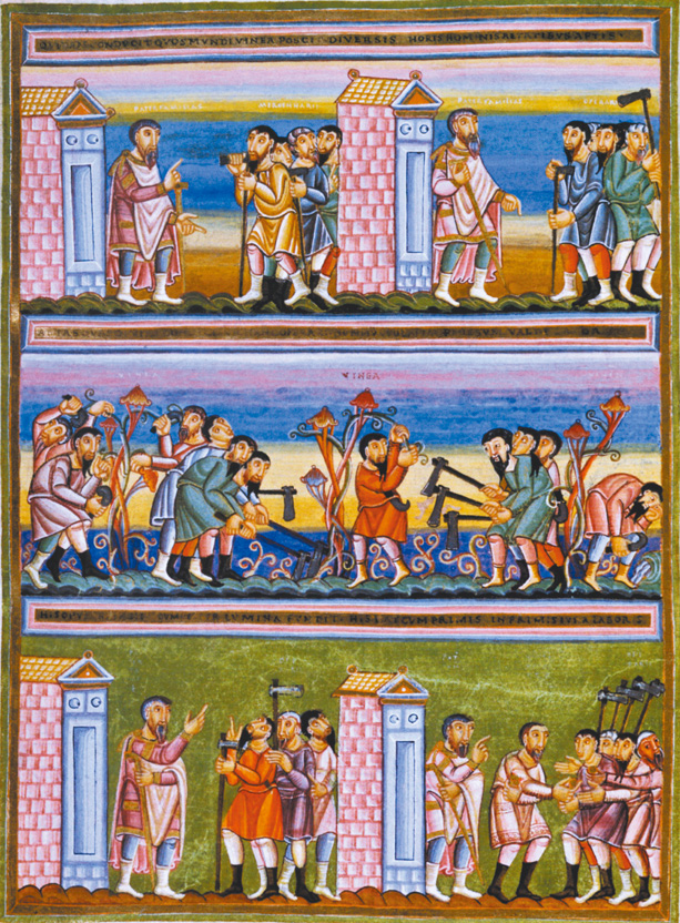 圖 1. Parable of the Workers in the Vineyard ; Codex aureus Epternacensis, fol. 76f; 11th century
