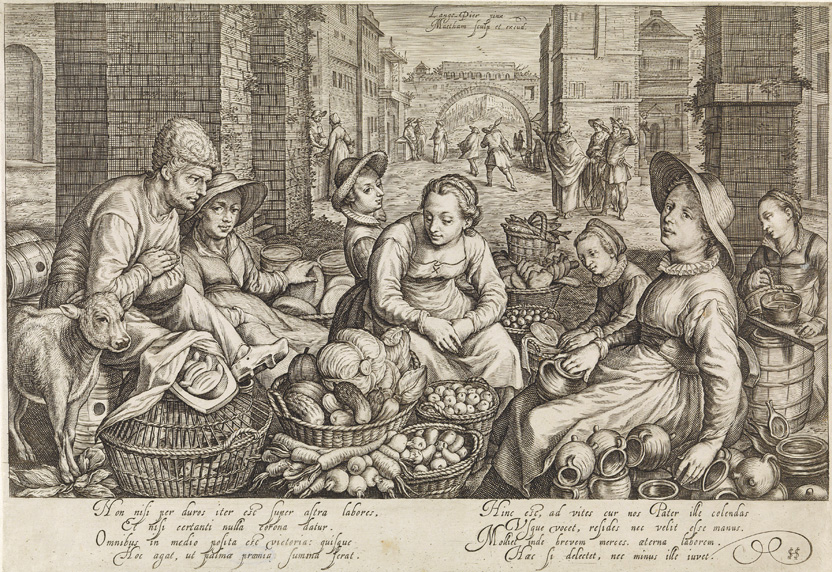 圖3. Jacob Matham (after Pieter Aertsen), Market Scene with the Parable of the Workers in the Vineyard, 1603; engraving, h 233mm × w 336mm; Rijksmuseum