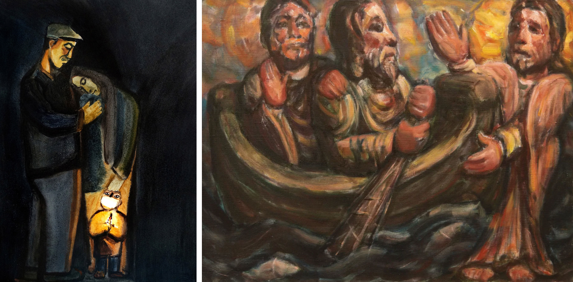 中國基督徒藝術家的作品，左起為鮑軍濤的「黎明即將到來」、黃斌的「加利利海邊的呼召」。(圖/翻攝官網)
