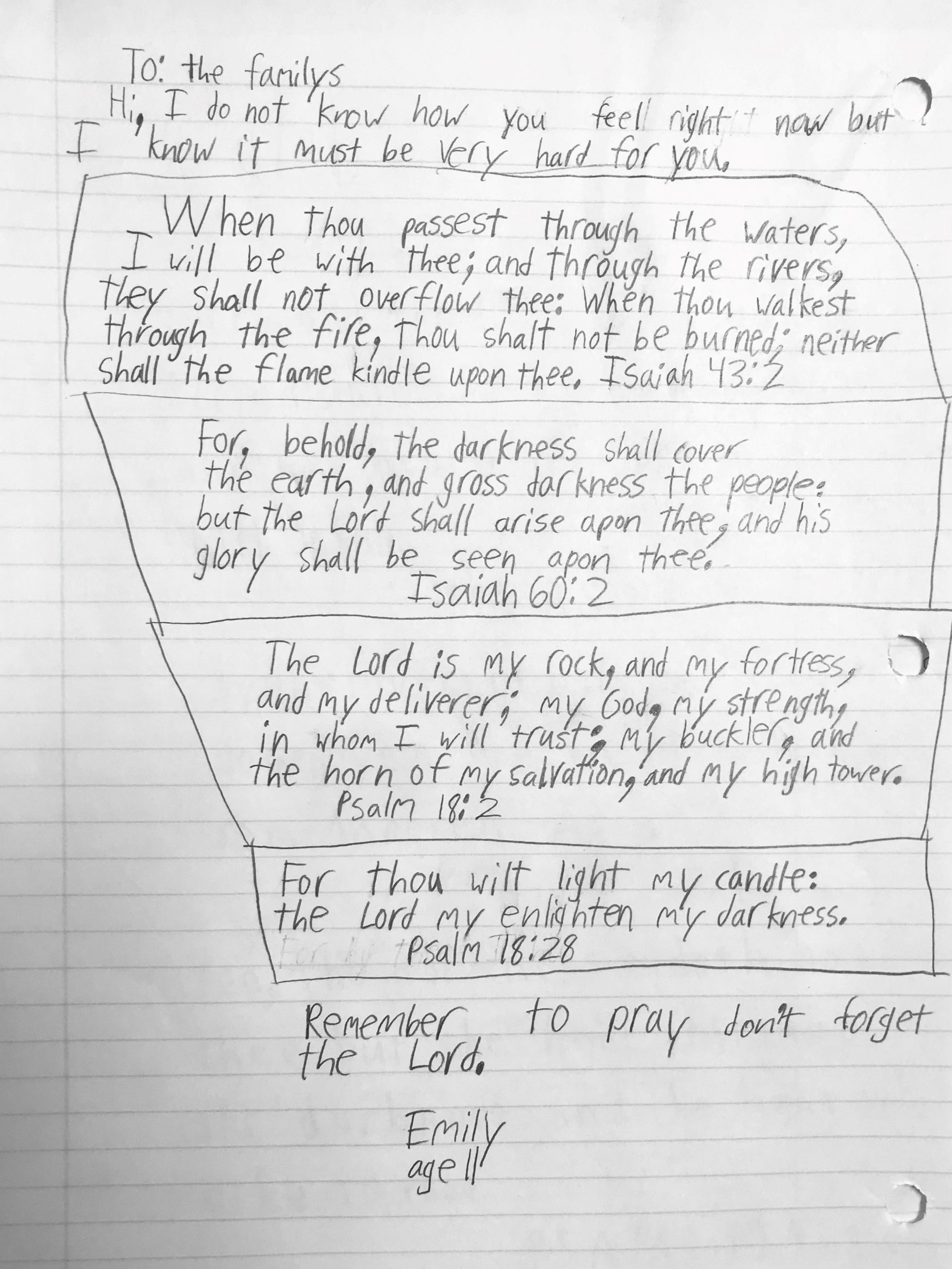 加拿大11歲小女孩寫給基督教援助會安慰代禱的信。（圖／CAM官網）