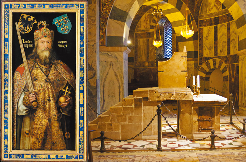 左圖：杜勒繪製的查理曼肖像，來源維基。右圖：德國亞琛大教堂的查理曼王座。（Berthold Werner攝影）