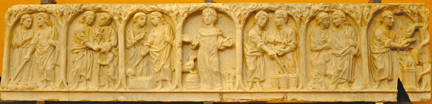 圖1. Wedding Feast at Cana; Sarcophagus with Six Scenes from Scripture , 4th century; Marble; Museo Pio Cristiano, Vatican