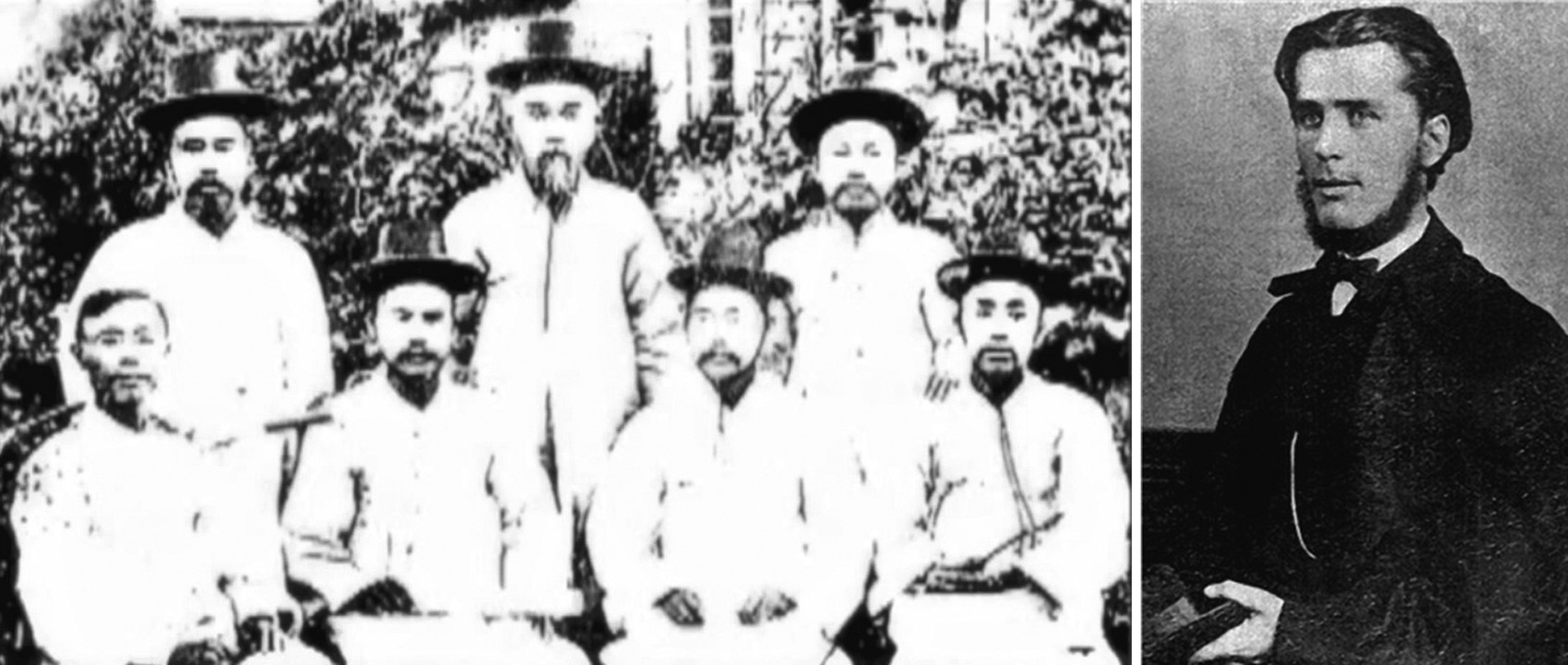 左圖：第一批朝鮮神學生。（翻攝自歷史照片）右圖：第一位為朝鮮半島福音工作殉道的英國宣教士托馬斯。（來源：維基）