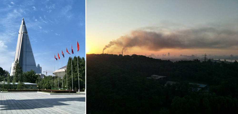 左圖：平壤最高建築柳京飯店，至今仍未完工。右圖：平壤清晨火力發電廠的煤煙籠罩上空，狀似黑龍。（作者攝影）