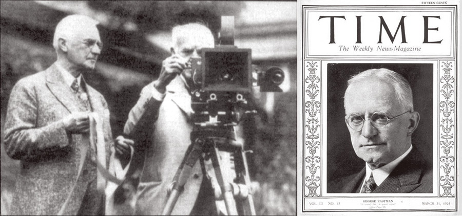 左圖：伊士曼（左）送給愛迪生第一卷35毫米的電影膠卷。右圖：1924 年，以伊士曼為主角的《時代》雜誌封面。 （來源：維基）