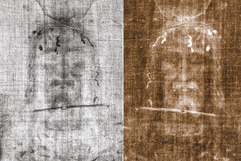 左圖：未沖洗過的裹屍布人物頭部影像。右圖：1898年經過皮亞的暗房沖洗後，所顯示出的都靈裹屍布人物真實面容。