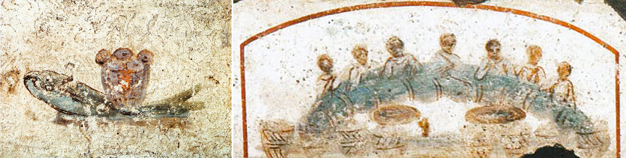 左為圖1. Fish and Bread Basket (Eucharistic Fish and Loaves), Fresco, 3th Century; Catacombs of St. Callixtus, Rome　　右為圖2. Agape Feast（Miracle of the Fishes and Loaves）, Fresco, 3th Century; Catacombs of St. Callixtus, Rome