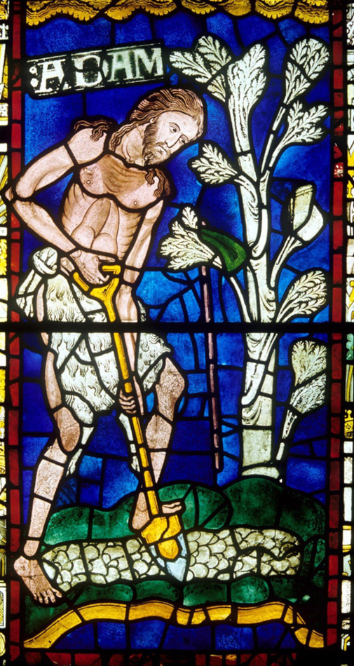 "Adam working the land", stained glass window ,1180,Canterbury Cathedral, Canterbury