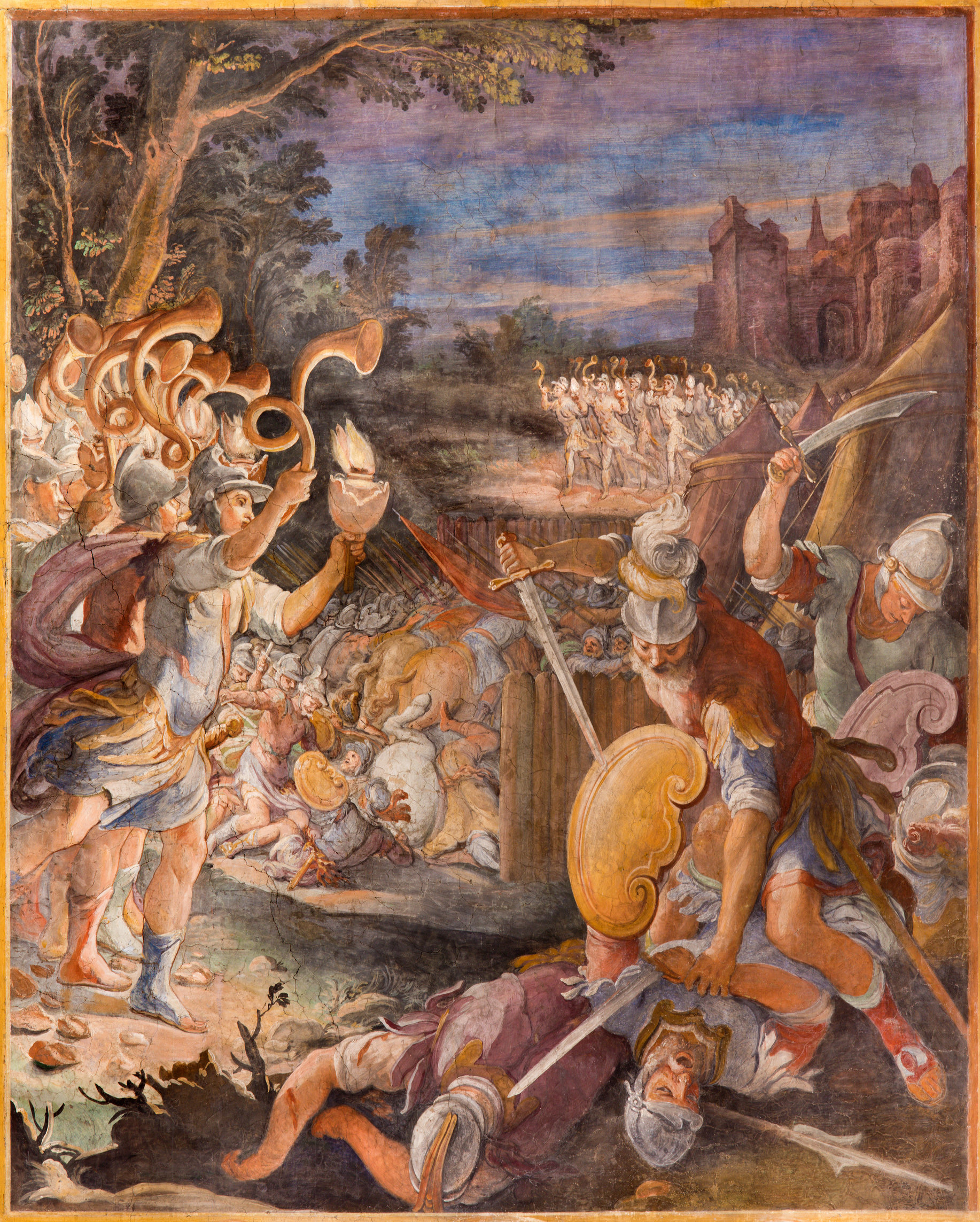 耶利哥戰役。（"The fresco The Battle of Jericho in church Basilica di San Vitale", by  Tarquinio Ligustri ,1603）