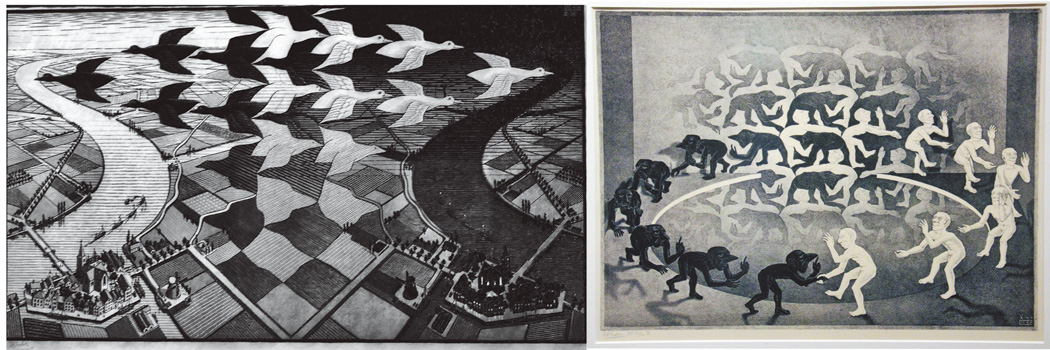 左圖：Day and Night by M.C. Escher,1938（photo by Pedro Ribeiro Simões）右圖：Encounter by M.C. Escher,1944（photo by Can Pac Swire）