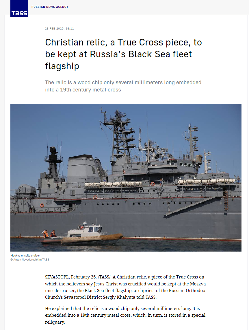 2020年塔斯社報導，莫斯科號上將存放真十字架碎片。（圖／翻攝自tass.com）