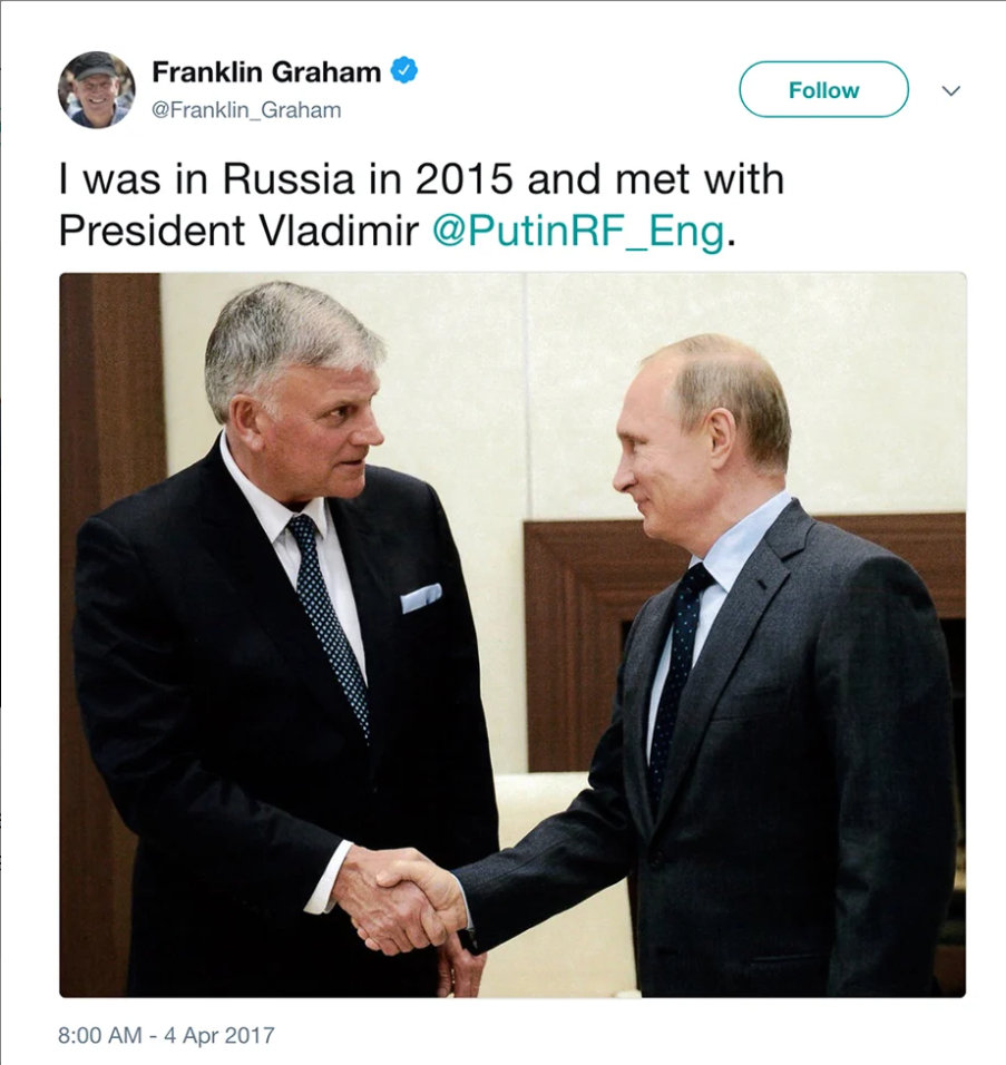2015年葛福臨牧師會晤俄羅斯總統普丁。（推特截圖）