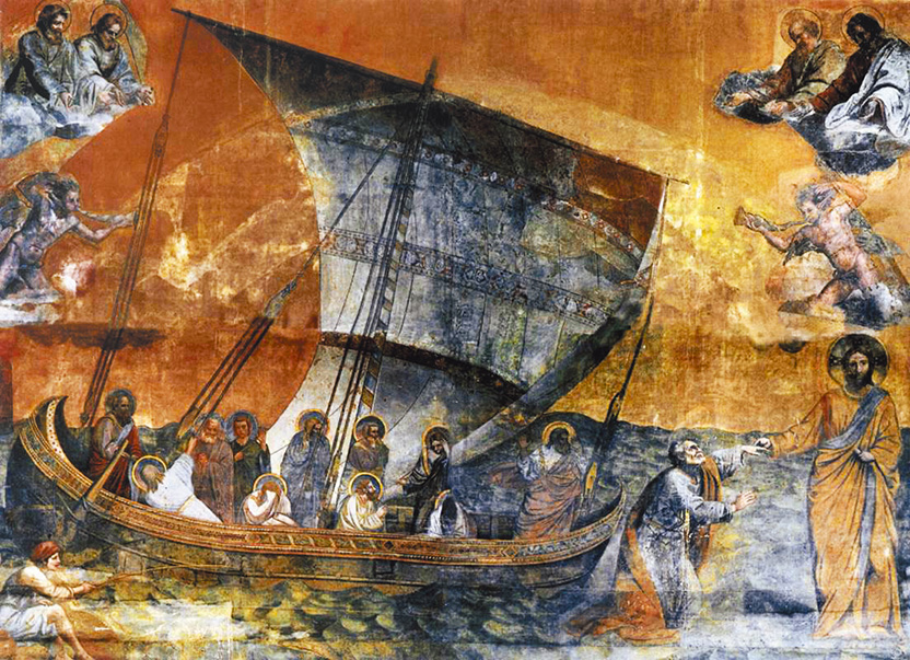 圖3. Copy in oils made in 1628 of Giotto's mosaic of 1305-1313, Navicella; 740 x 990 cm; Fabric of Saint Peter, Vatican