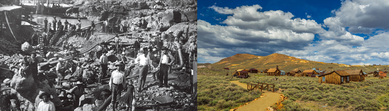 左圖：加州北部沙加緬度的淘金客，攝於1852年（來源維基）右圖：Bodie State Historic Park，北加州淘金客搬離留下的荒廢「鬼城」。
