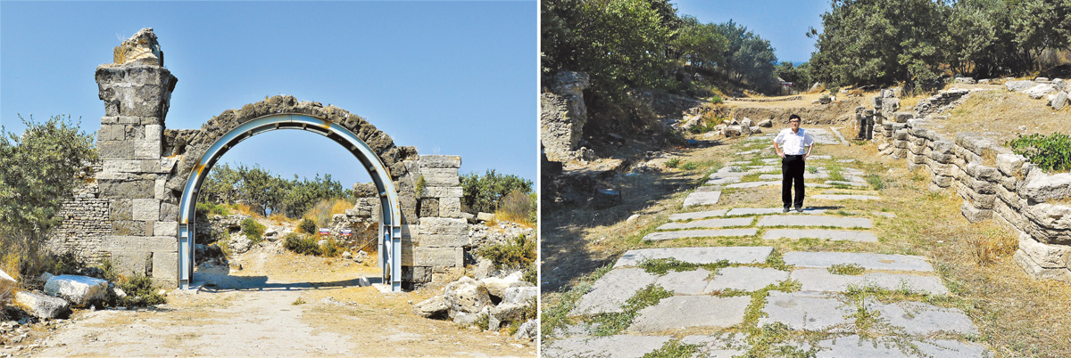 左圖：特羅亞浴堂殘存遺蹟。右圖：作者走訪特羅亞的石砌古道。（王桂花攝影）