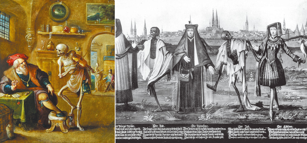 左圖："Death playing the violin", by Frans Franck (II), 17th century；右圖：繪於十五世紀，存放於德國呂貝克城的聖馬利亞教堂裡頭的《死亡之舞》局部畫面。（作者翻攝）