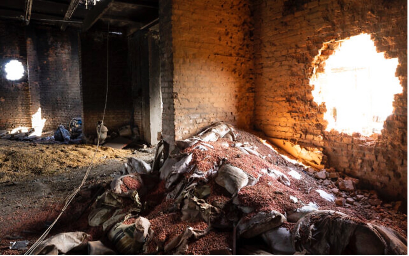 2022年5月28日，在烏克蘭東部哈爾科夫（Kharkiv）郊區的切爾卡斯卡洛佐瓦（Cherkaska Lozova），一間被俄羅斯軍方攻擊而損壞的倉庫內散落著穀物。（照片來源：Bernat Armangue/AP；耶路撒冷全球華人敬拜中心/提供）’）