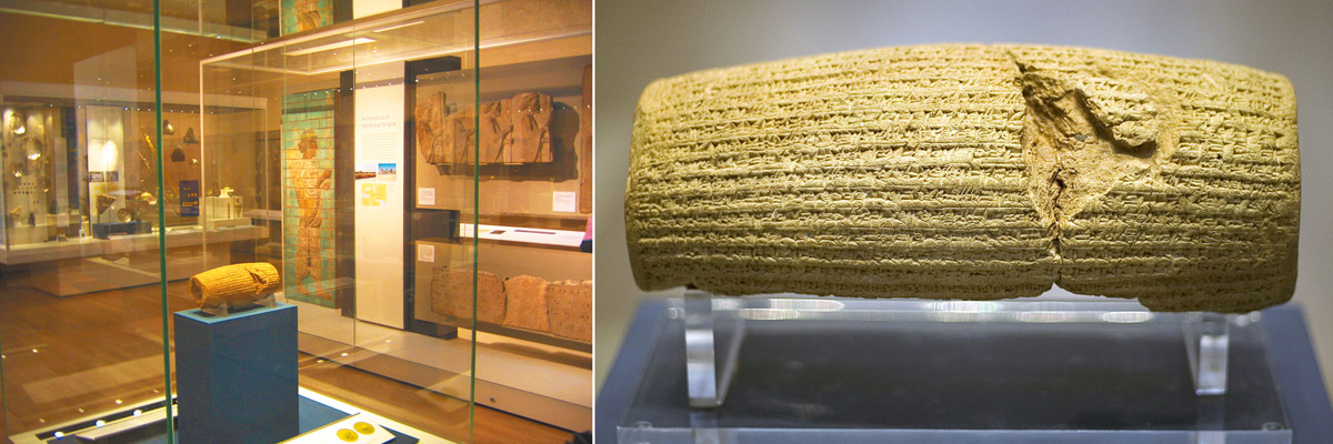 左圖：大英博物館收藏的居魯士銘筒（Photo by Kaaveh Ahangar）。右圖：居魯士銘筒近照（Photo by Prioryman）