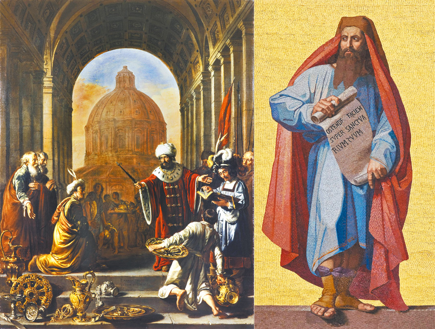 左圖："Cyrus restores the treasures of the temple", by Thomas de Keyser,1660。右圖：羅馬「城外聖保祿大殿」但以理馬賽克像。