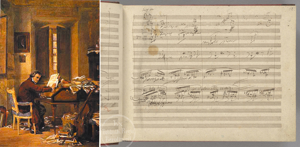 左圖：Carl Bernhard Schloesser所繪、貝多芬在家創作。右圖：貝多芬第九號交響曲手稿。（來源：柏林國家圖書館網站）