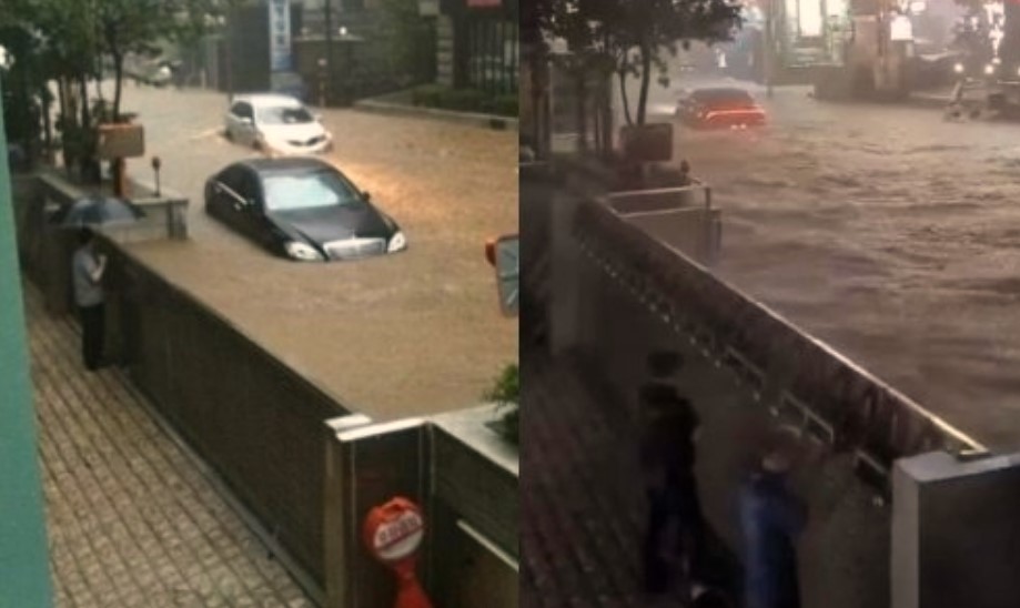 清南大廈沒有受到大雨的影響，有一個2M高的防水門。(圖/韓國網路社區影片截圖)