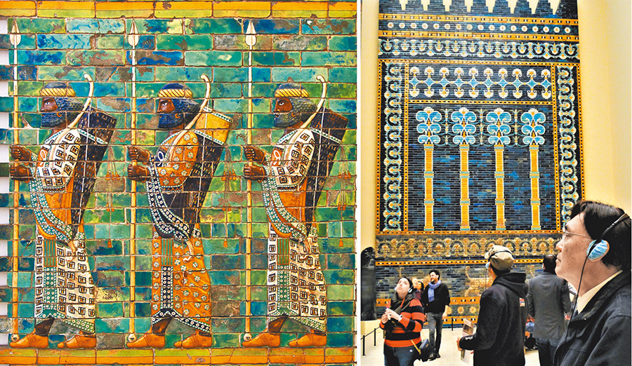 左圖：巴比倫戰士浮雕。右圖：作者攝於巴比倫城牆華麗的琉璃壁飾前。（王桂花攝影）