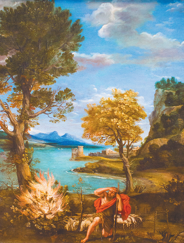 "Landscape with Moses and the Burning Bush", by Domenichino (Domenico Zampieri) , ca.1610–16