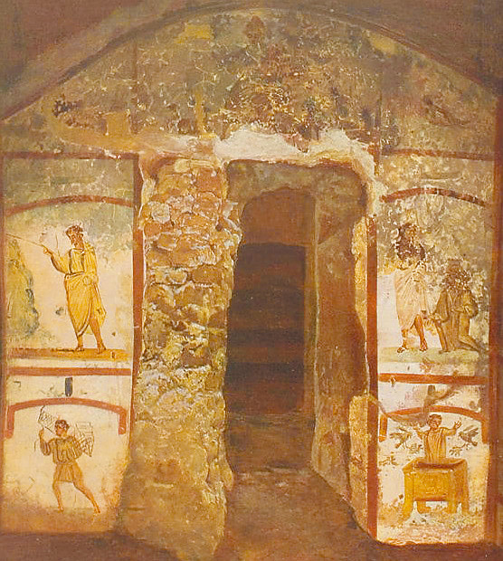 圖2. Marcellinus and Peter catacomb, wall painting, Moses Strikes the Rocks, Christ Healing the Paralytic, Woman with the Blood Issue, Noah’s Ark ; 2-4th century, Rome