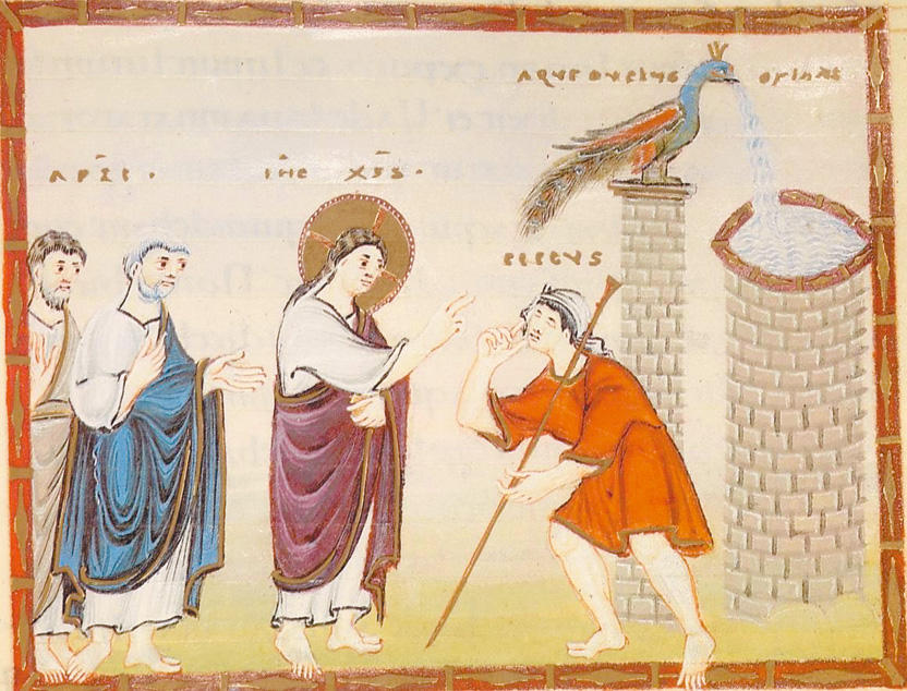 圖5. Egbert Codex, fol. 50, Healing of the Man Born Blind at Pool of Siloam, 980- 993; Trier Stadtbibliothek, Germany