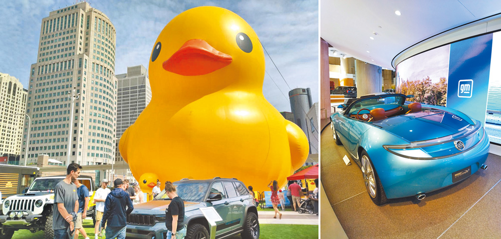 左：底特律市在週末舉辦的車展。右：通用汽車文藝復興中心一樓汽車展示旋轉台。（作者攝影）