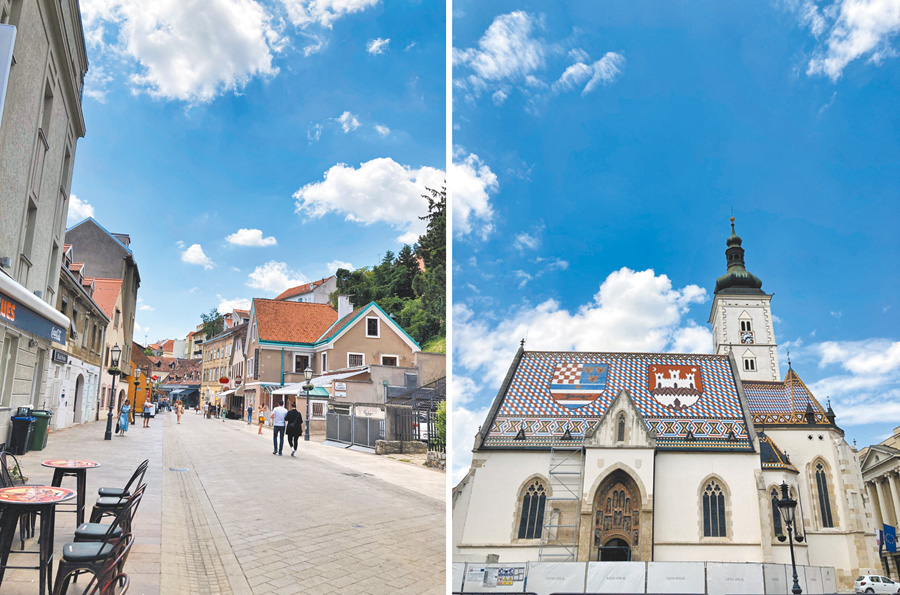 左圖：行人徒步區瀰漫咖啡香。右圖：屋頂繪有市徽的聖馬可教堂。（作者攝影）