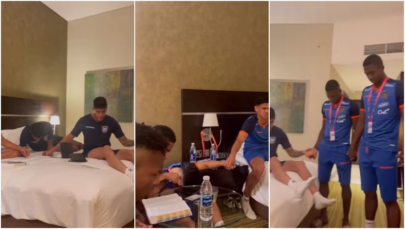 厄瓜多球員在下榻的飯店房間內禱告。（圖／翻攝自IG@carlosgruezo11)