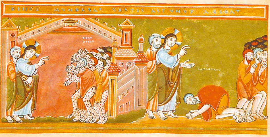 圖4. Jesus heals ten lepers and one leper shows his thankfulness,  Codex Aureus Epternacensis, 1035-1040; Germanisches Nationalmuseum, Nürnberg
