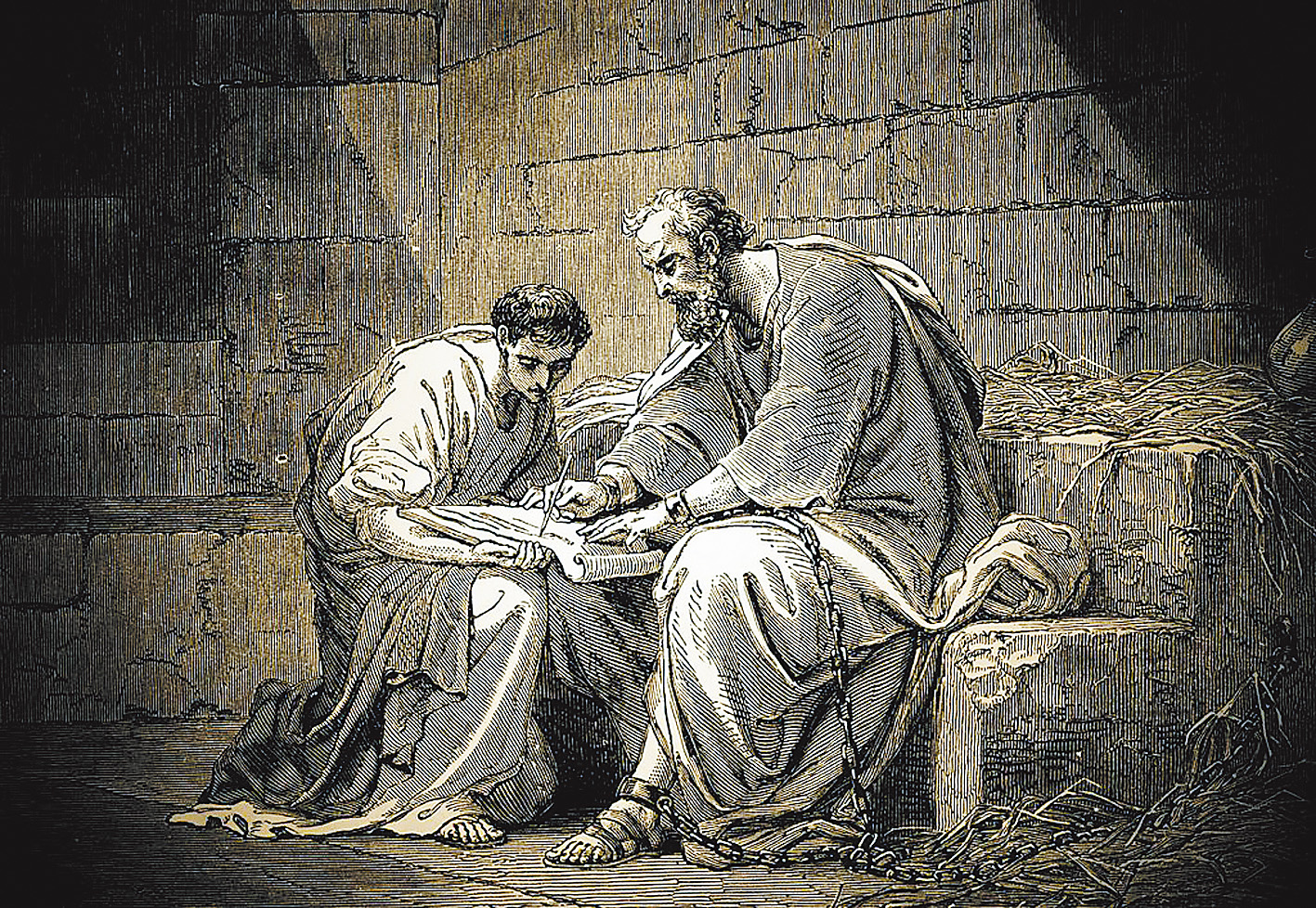 被囚禁的保羅寫給以弗所教會的信，並把它交給推基古。圖為法國木雕家古斯塔夫•多雷的作品。（圖取自維基百科）