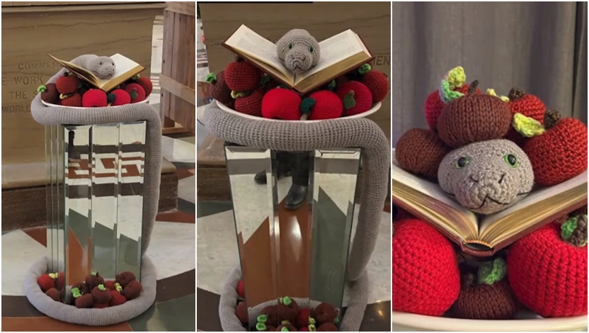 撒旦聖殿放置在伊利諾州議會大廈、取自聖經意象的蘋果與蛇的裝置藝術品，引發基督徒憂心忡忡。（圖／YouTube@Fox32Chicago影片截圖）