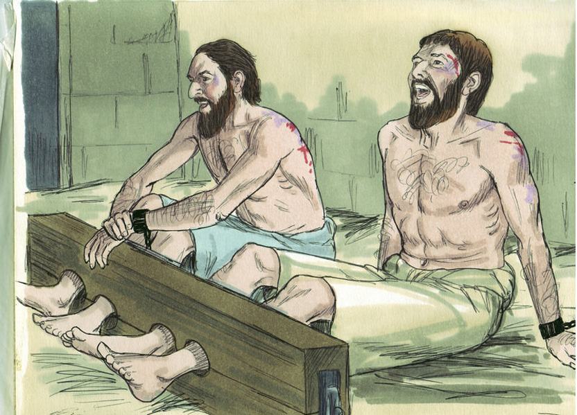 保羅和西拉被囚。（Biblical illustrations by Jim Padgett, courtesy of Sweet Publishing, Ft. Worth, TX, and Gospel Light, Ventura, CA. Copyright 1984.）
